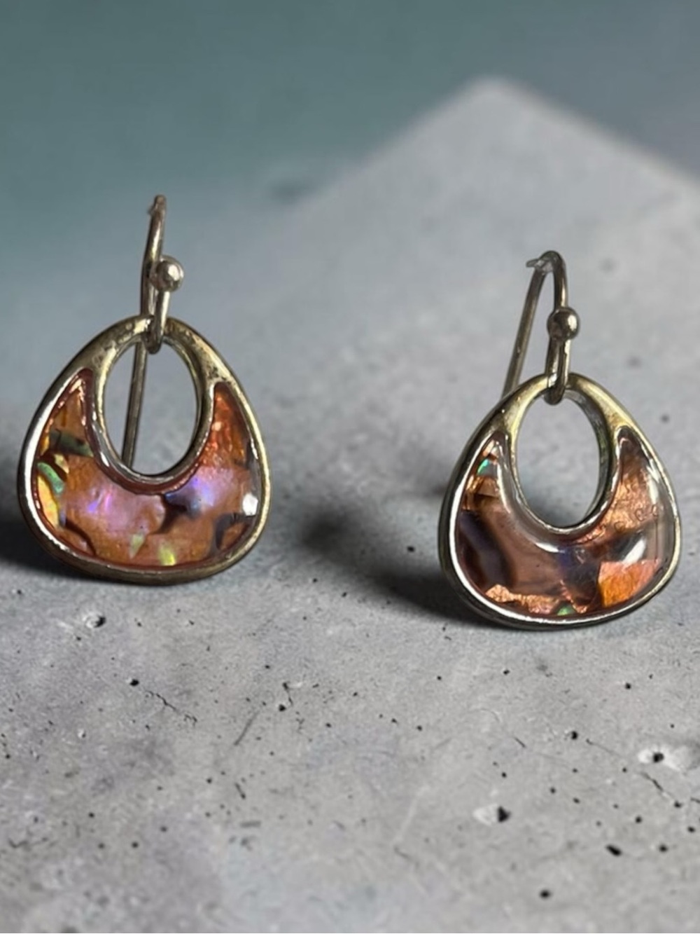 Silver Tone Open Teardrop Faux Iridescent Abalone Drop Earrings
